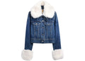Gap x Sandy Liang Damen Vegan Pelz Crop Jeansjacke Sternenauge Blau