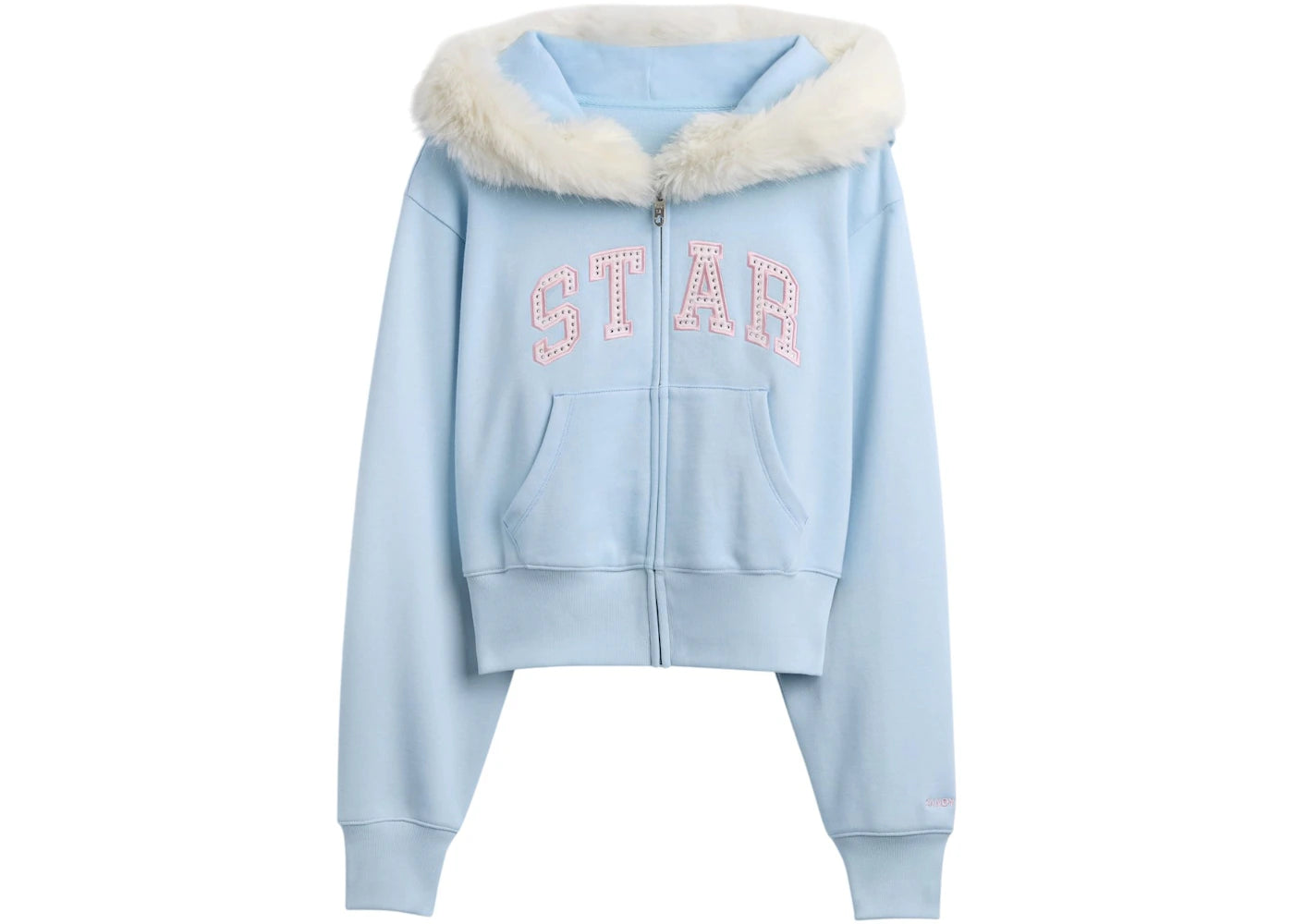 Gap x Sandy Liang Damen-Kapuzenpullover mit kurzem Reißverschluss und veganem Pelzbesatz, Hafenblau