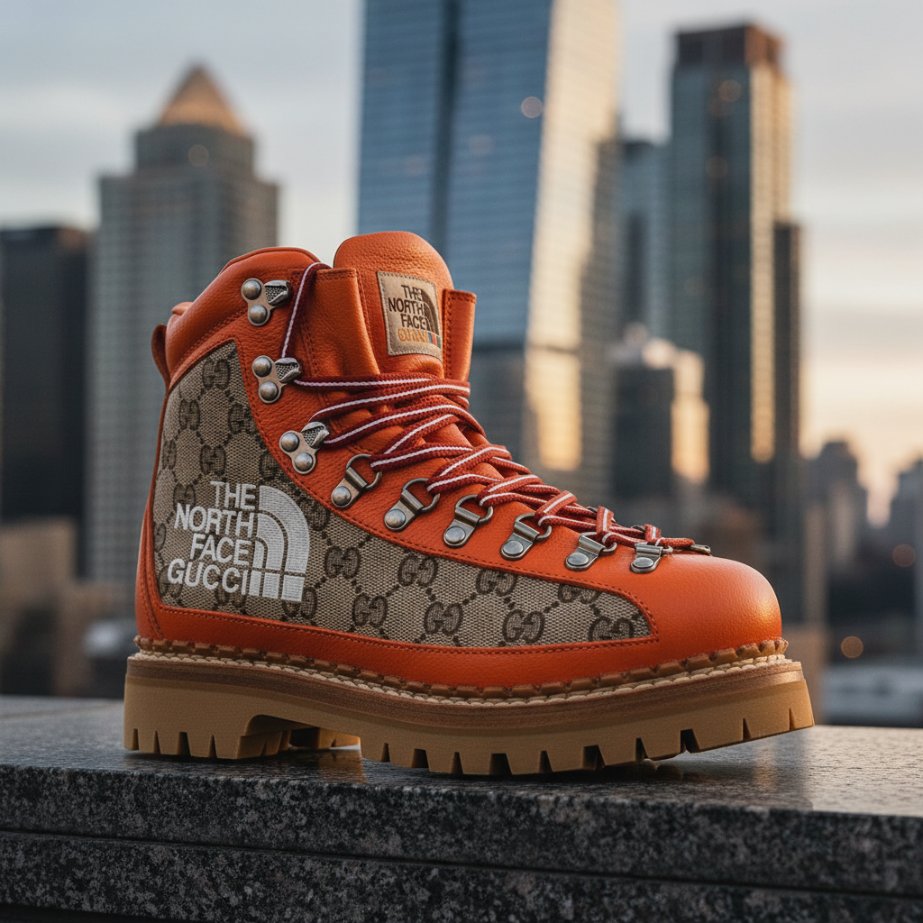 Bottes en cuir et toile Gucci x The North Face beige orange